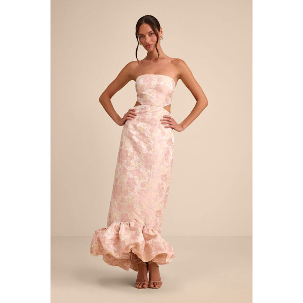 Lulus Nathania Blush Floral Jacquard Strapless Bubble-hem Maxi Dress Pink